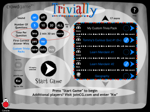 CrowdGame Trivially - Console - Start Page - new Time Per Question